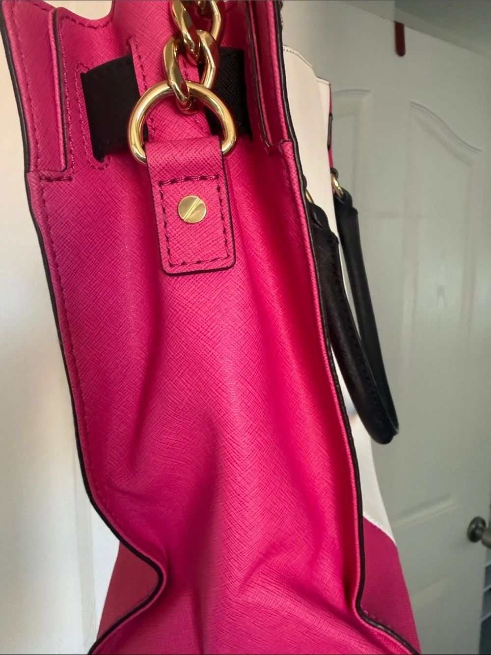 Michael Kors Pink, White & Black Leather Satchel with Gold Hardware !!